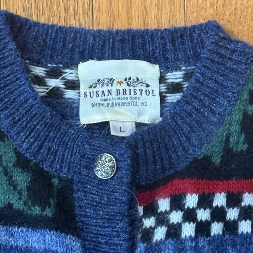 Vintage Susan Bristol Shetland Wool Cat Cardigan Sweater Women’s Large VTG 90s - Picture 3 of 9