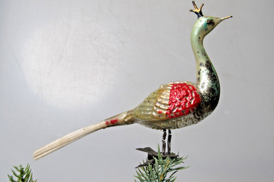 Vintage Glass Crown Peacock BIRD Clip On Spun Tail Christmas Ornament Germany
