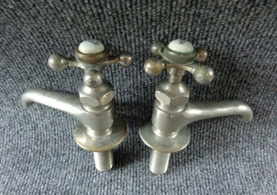 Vtg Matching Pair of Hot & Cold Water Faucet Cross Handles Nickel Plated Brass
