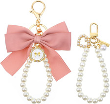 2Pcs Pink Bow Key Chain, Pearl Keychain Wristlet, Bow Charm for Purse, Cute B...