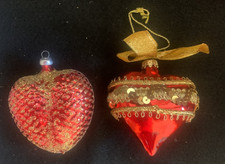 Lot of 2 VTG West Germany Blown Glass Ornaments Solid Red/Red Glitter Hearts-3 