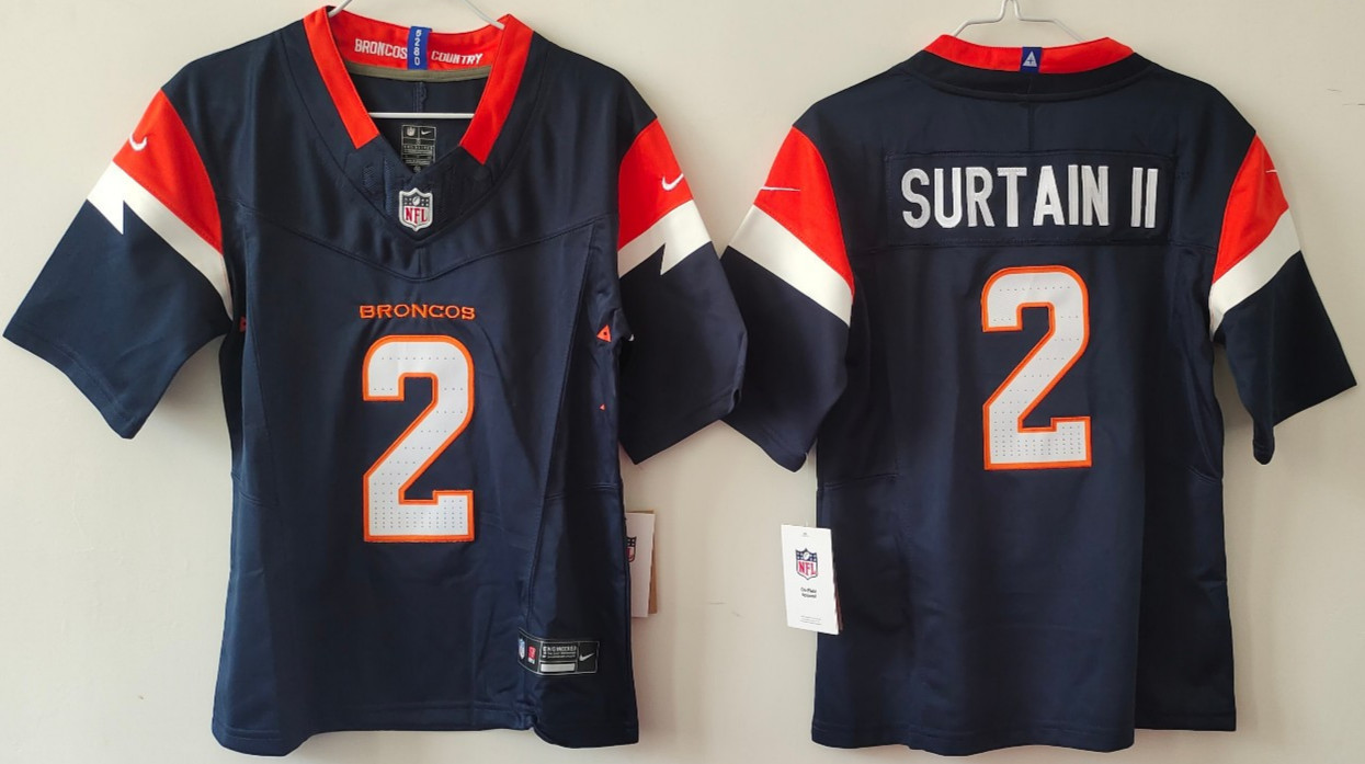 Camiseta deportiva cosida azul marino Patrick Surtain II #2 Broncos FUSE Tariff Free ~ YOUTH'S