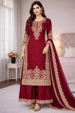 Wedding Wear Red Heavy Embroidered Pure Jimmy Silk Designer Kurta Palazzo Suit