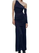 Zara Navy Blue Maxi Dress XS One Shoulder Bodycon Asymmetrical Edgy Alternative