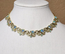 Vintage Gold Tone Choker Necklace Blue Aurora Borealis Rhinestones