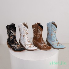 Women's Mid Calf Cowgirls Western Cowboy Boots Embroidery Flower Shoes Plus Size