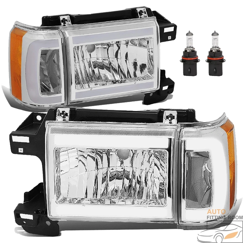 Headlight For 1987-1991 Ford F-150 Bronco LED DRL Headlamp Chrome Housing Amber Foto 2 de 4