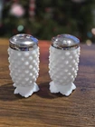 Vintage Fenton Hobnail Milk Glass Salt & Pepper Shakers Footed Scalloped