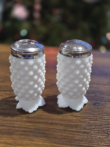 Vintage Fenton Hobnail Milk Glass Salt & Pepper Shakers Footed Scalloped
