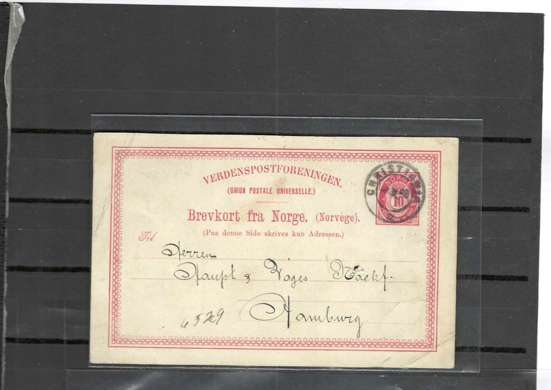 NORWAY POSTAL CARD 18??  10 0RE EXTERNAL TO HAMBURG  CHRISTAIANA CANCEL! F  #730