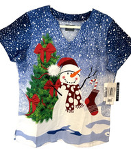 Medical Scrub Women s Top Shirt Christmas Theme Snowman Tree SZ Medium NWT