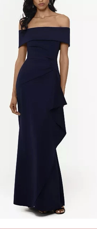 Xscape Navy Blue Ruffled Off-The-Shoulder Gown Dress Sz 14 $199 Mother Of Bride - image 1 of 1