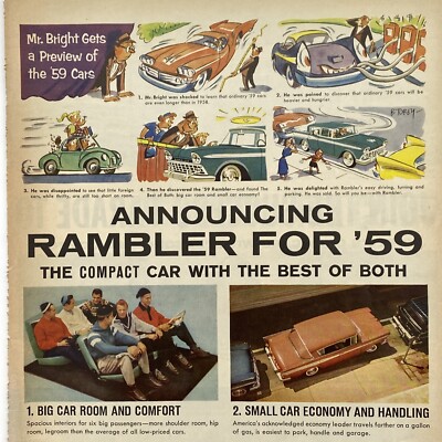 1958 Rambler 3 page Print Ad New '59 Model Year Announcing Vintage Compact Car