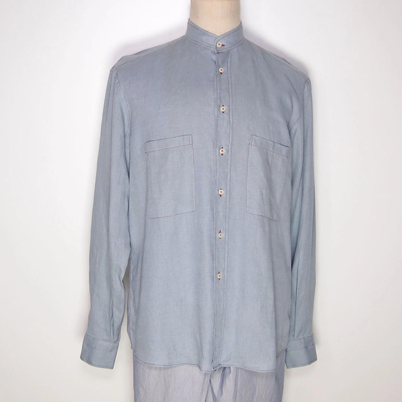 O. Testa Linen Shirt Button Down Mandarin Collar Gray Blue Size L