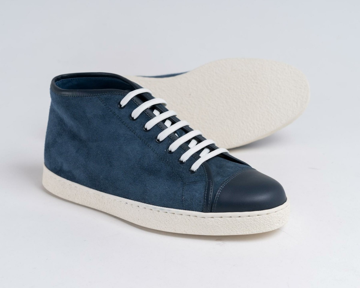 John Lobb $875 Navy Blue Suede Levah Mid-Top Sneakers Shoes Made