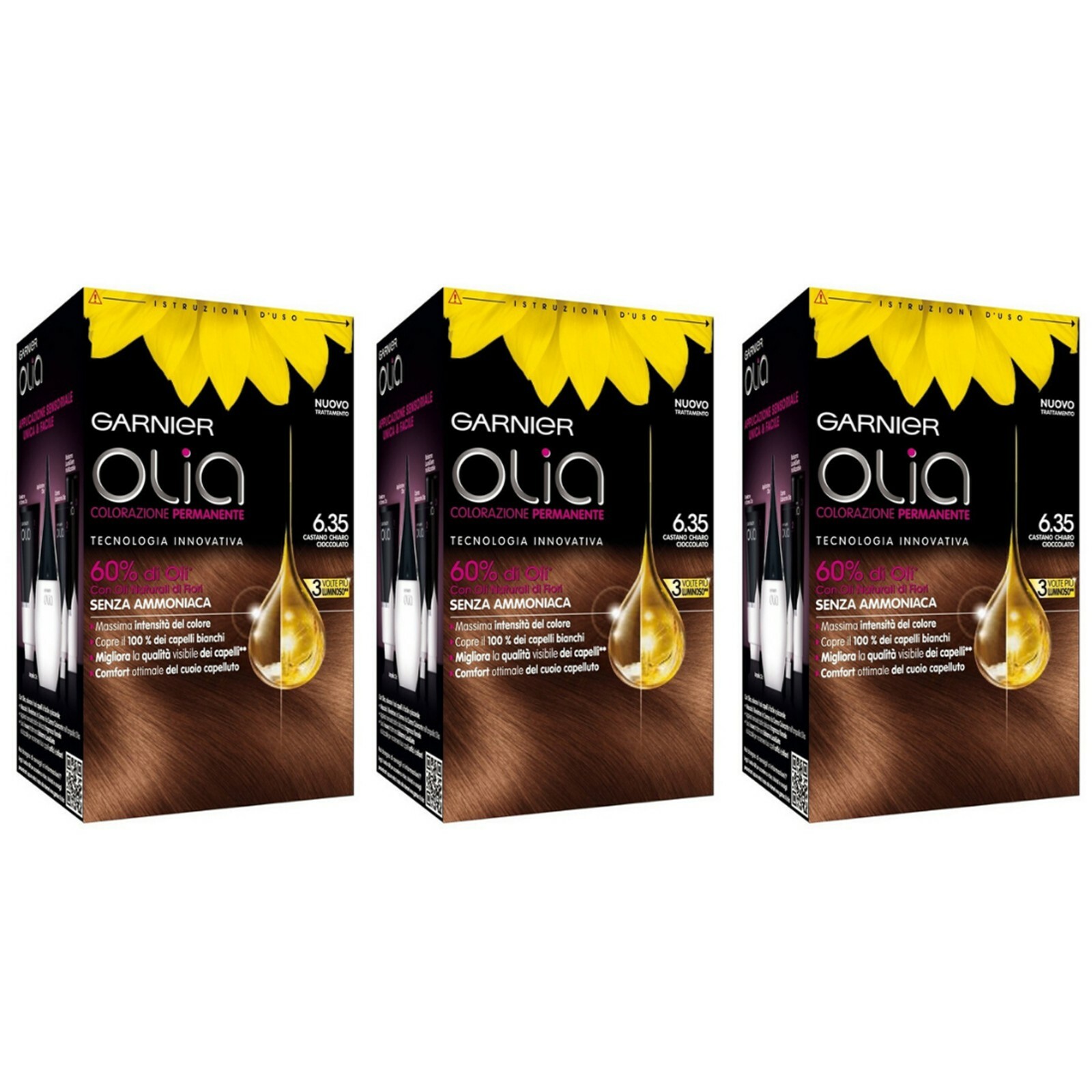 3 pezzi GARNIER OLIA Colorazione Permanente 6.35 CASTANO CHIARO CIOCCOLATO