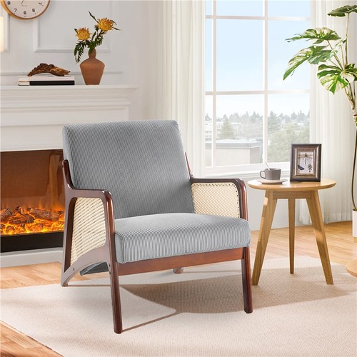 Single Sofa Seat Fabric Upholstered Living Room Chair Accent Armchair Rattan Arm - Picture 4 of 13