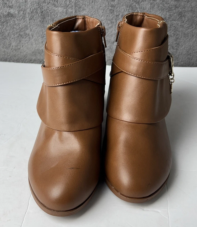 Botines Thalia Sodi para mujer 8,5 camel tacón de cuña 2" cremallera laterales correas Foto 2 de 4