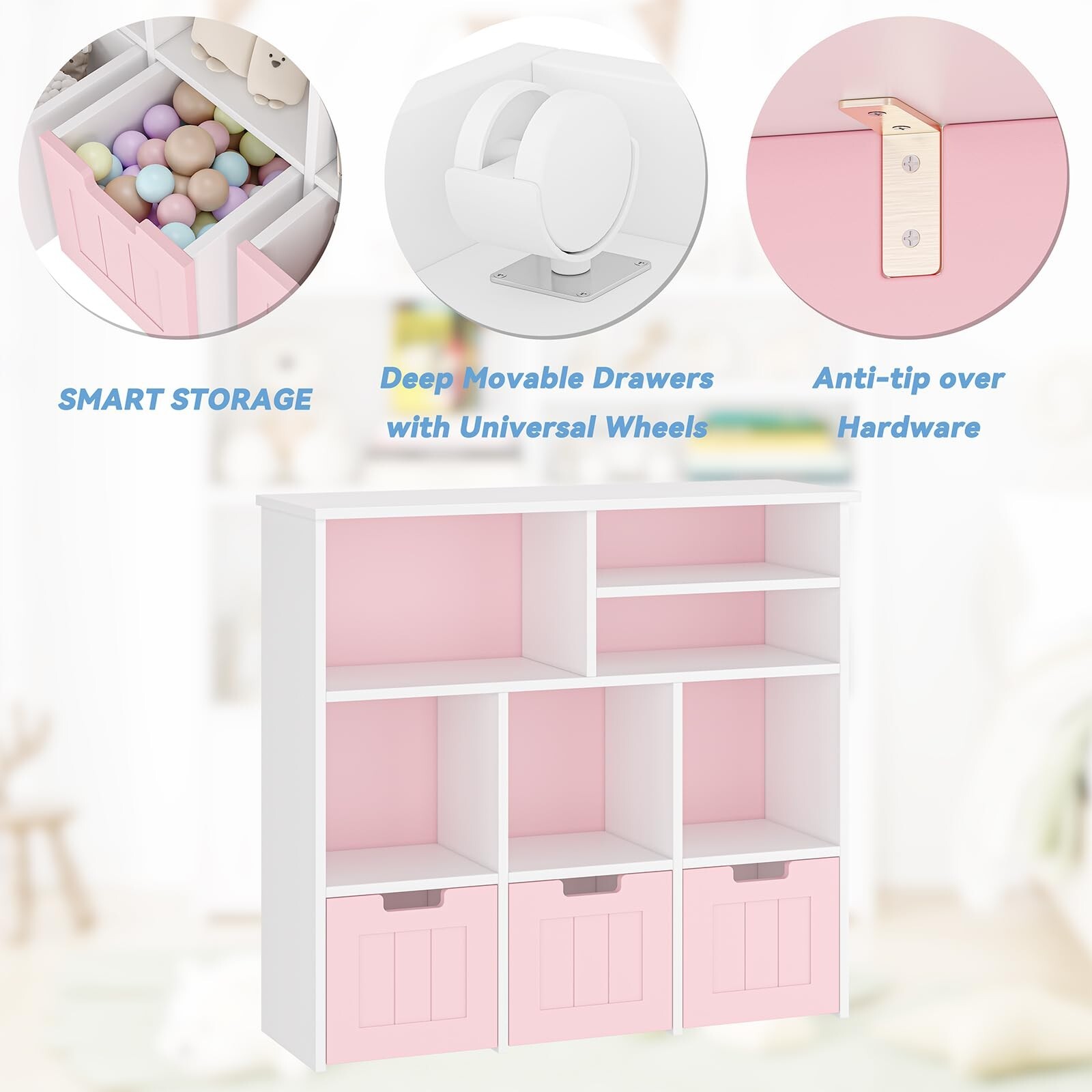 Toy Storage Cabinet with 3 Drawers &6 Cubes Children's Toy Shelf Kids Bookshelf