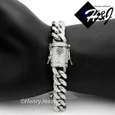 8"-11"MEN Stainless Steel 14mm Silver ICY CZ Miami Cuban Curb Bracelet*B158