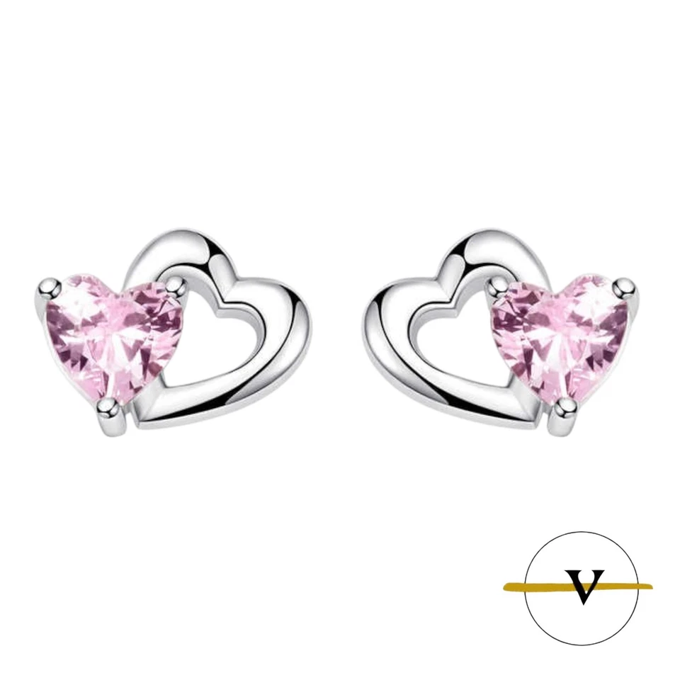ORECCHINI DONNA ARGENTO 925 CON DOPPIO CUORE IN ZIRCONE CUBICO ROSA - Immagine 2 di 4