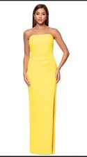 NWT Xscape Yellow Ruched Cowl Neck Maxi Strapless Dress Size 14 Slit Formal $219