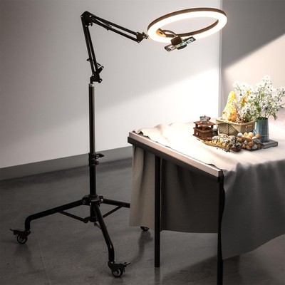 Pro LED Ring Light Tripod with Phone Holder & Casters, Adjustable Overhead Ph...