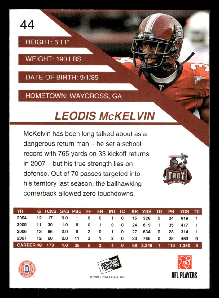 Leodis McKelvin 2008 Press Pass SE #44 Troy Trojans - Image 2 of 2
