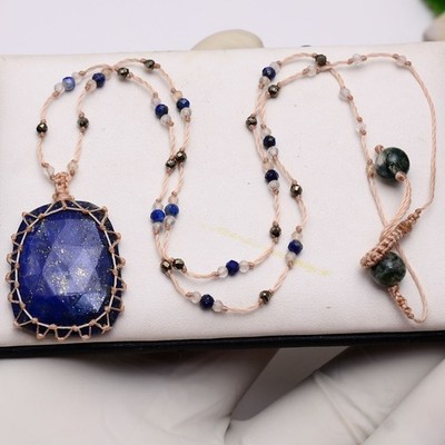 Handmade Natural Lapis Lazuli Gemstone Beaded Macrame Healing Crystal Necklace