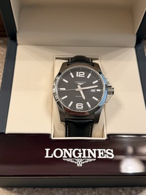 Longines Conquest Quartz Black Dial Leather Strap Men's Watch L3.760.4.56.3