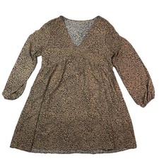 Leopard Animal Print V-Neck Long Sleeve Flowy Casual A-Line Dress Women's L