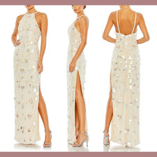 NWT Mac Duggal [ 4 ] 10878 Crystal Embellished Cascade Column Gown Porcelai S717