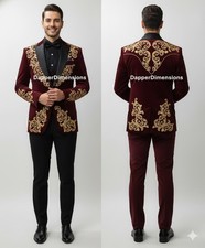 Men's 2Pc Maroon Bespoke Floral Embroidered Nudie Western cowboy Cocktail Prom