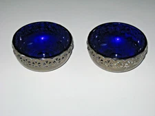 2 Vintage Quality Celtic Silver Plate w/Cobalt Blue Glass Bowl Insert 2" England