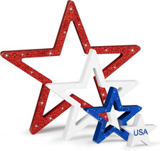 4Th of July Decorations Stars Set of 4, Red White Blue Decor, Patriotic Memorial