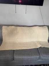 HANDMADE Crochet Lap Blanket Throw 52X32 Cream Ivory Textured Afghan Scalloped