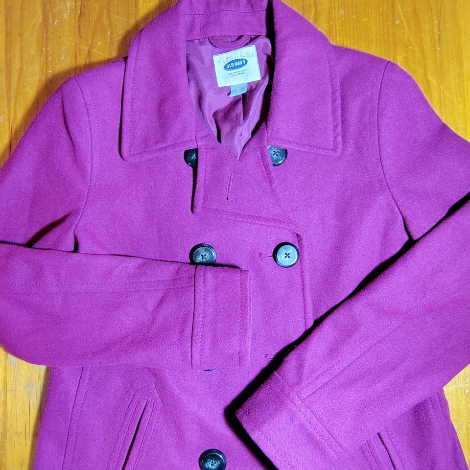 Old Navy Womens Pea Coat Jacket Double Breasted Button Front Raspberry Purple - Image 2 of 4