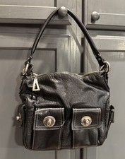 BCBG Girls Black Leather Shoulder Bag Handbag Purse Silver Hardware Lots Pockets