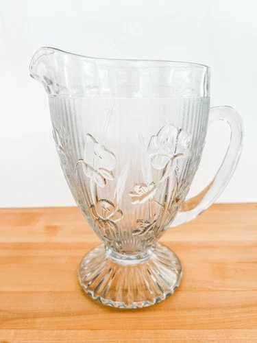 Jeanette Depression Glass Iris and Herringbone Footed Water Pitcher  9”tall