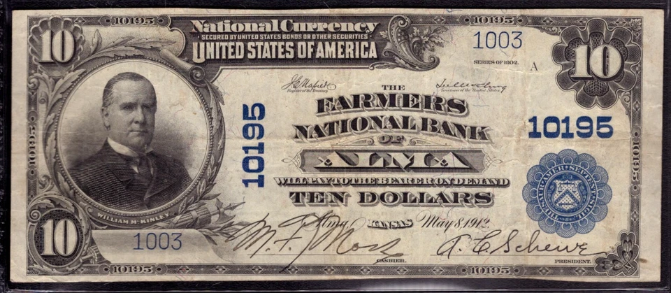 1902 $10 FARMERS NATIONAL BANK NOTE CURRENCY ALMA KANSAS PCGS VERY FINE VF 25 - Image 3 of 4