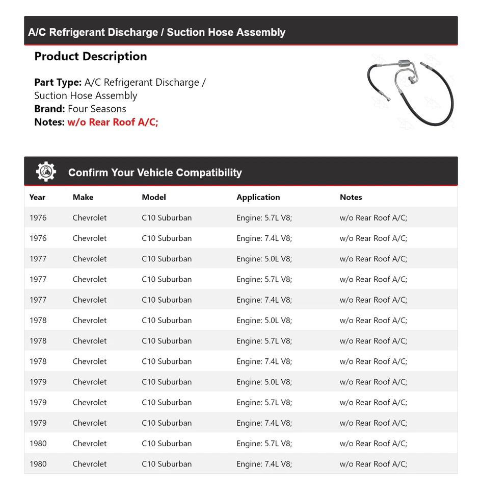 Para 1976-80 Chevrolet C10 Suburban linha de sucção de descarga mangueira conjunto 4 mares - Imagem 2 de 4