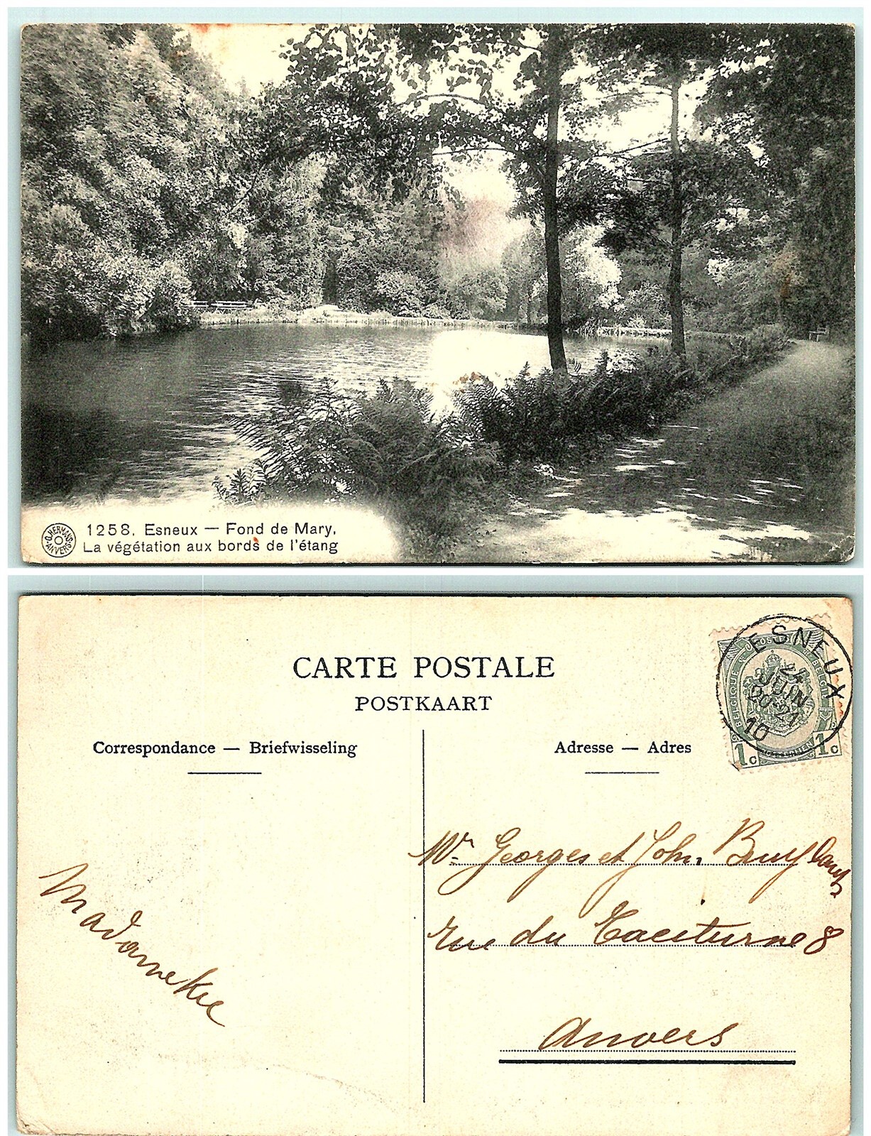 S02-7800, Esneux, Fond De Mary, Belgium 1910S Postmarked Postcard