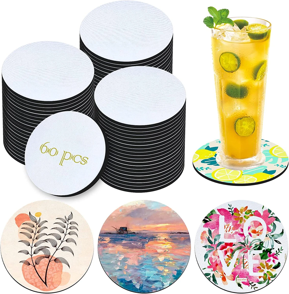 60 Pcs Sublimation Coasters Blanks, 3.9Inch round Sublimation Coasters  Bulk, Sub