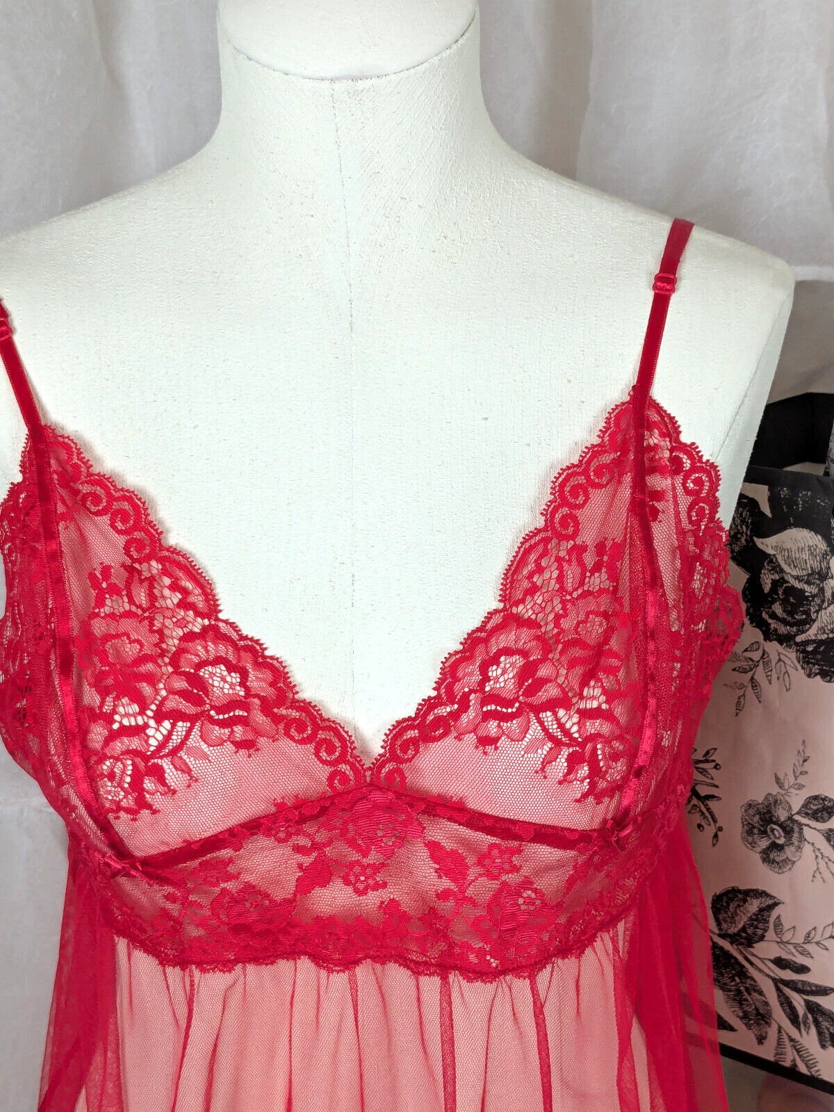 UNDERCOVER VICTORIA'S SECRET Vintage Y2K Rosso Pizzo Babydoll Vestito Slip Chiffon Trasparente Taglia M