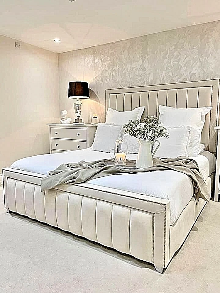 Cream velvet upholstered bed outlet
