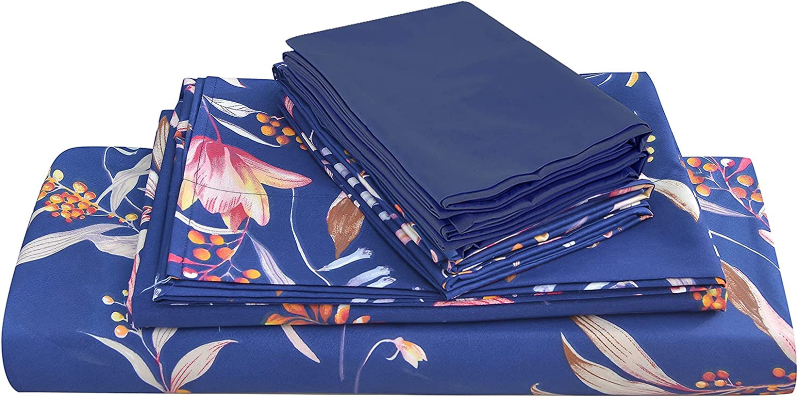 Navy Blue Floral Printed Sheet Set King 6 Piece, Soft Microfiber Botanical Patte
