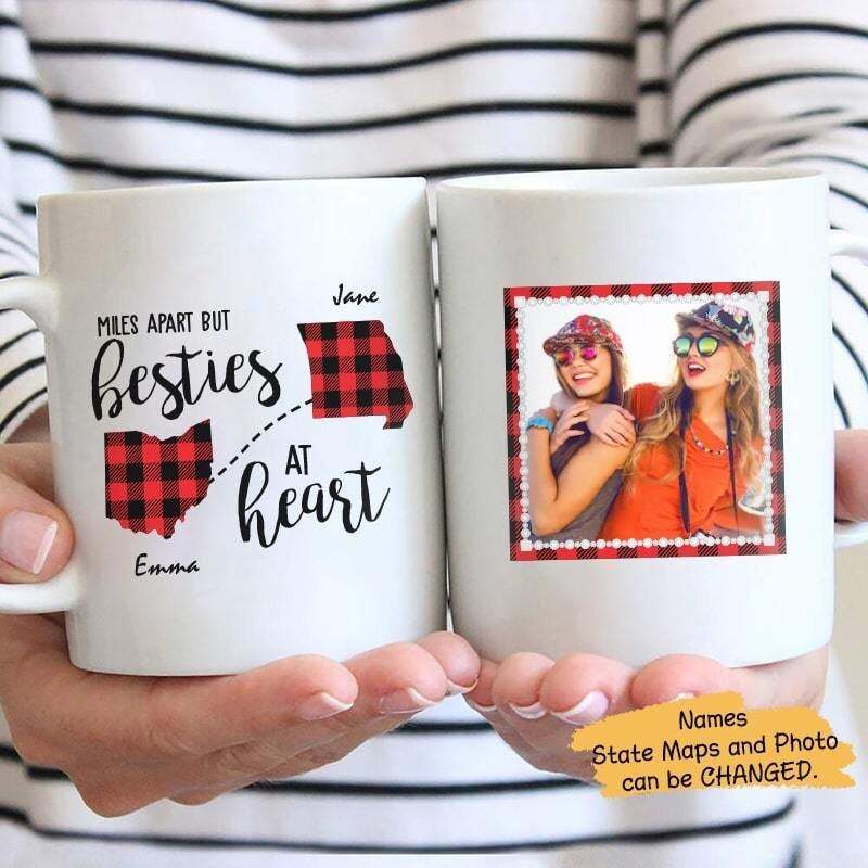 Besties At Heart Checkered Pattern Photo Personalized Coffee Mug Family Mug