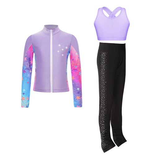 Kids Girls Suit Rhinestones Outfits Snowflake Set Zipper Dancewear Trousers - Picture 23 of 37