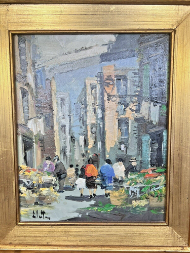 ELETTRO SIGNIERT ÖLGEMÄLDE ITALIENISCHE STRASSENMARKTSZENE VINTAGE KUNST GERAHMT 14x16 - Bild 2 von 8