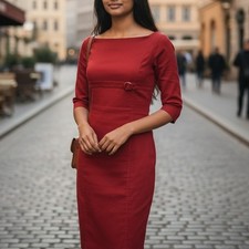 ZARA Red Dress Women M Empire Waist w Belt Buckle On Off Shoulder 3/4 Sleeve